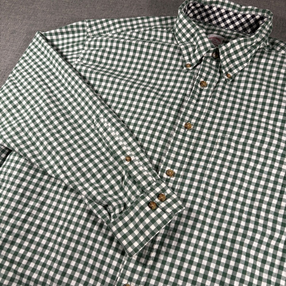 Brooks Brothers Button Down Shirt Men 2XL Green Gingham Plaid Cotton Long Sleeve